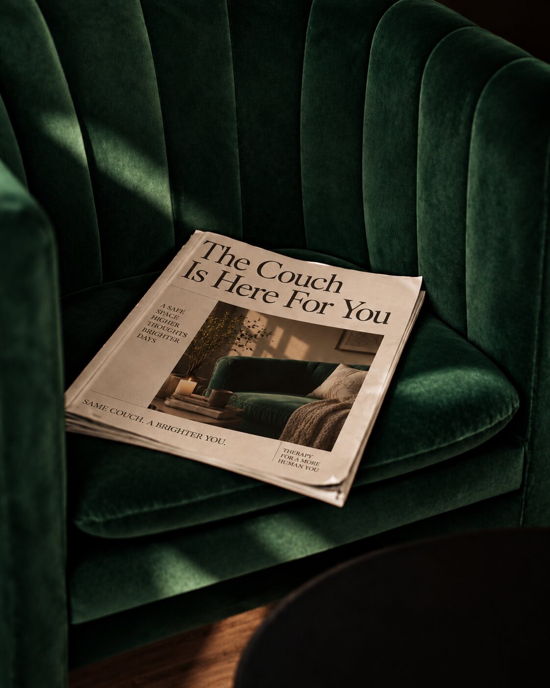A newspaper reading “The Couch Is Here For You” on a green velvet chair