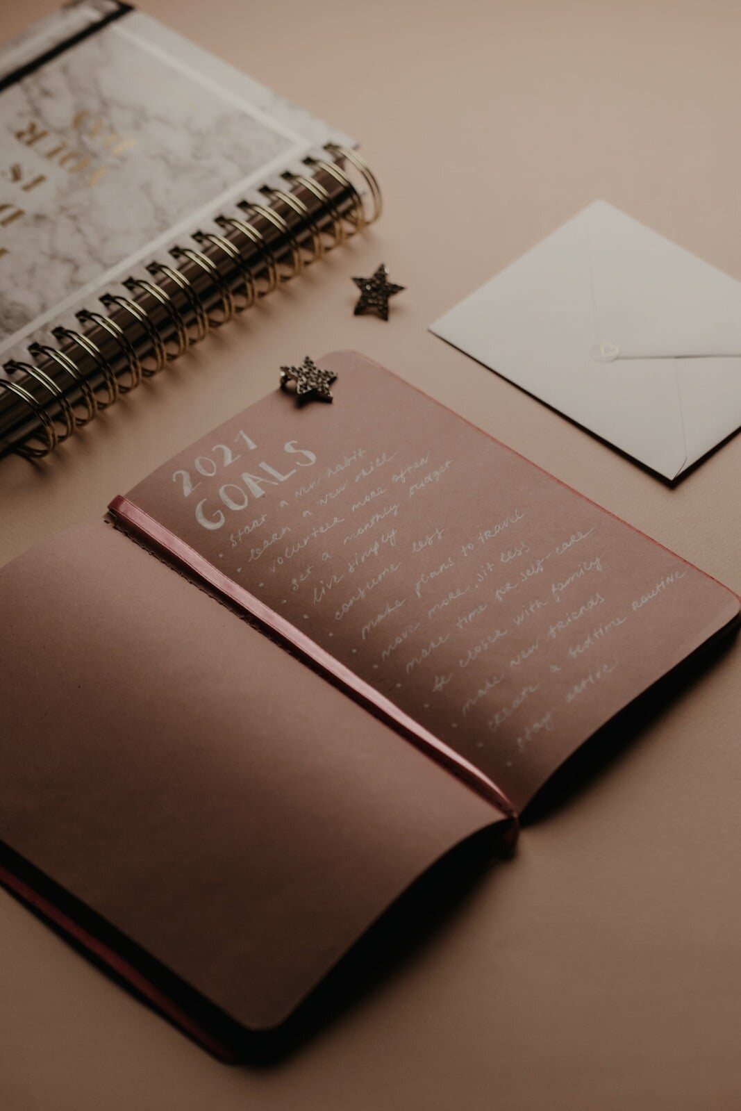 An open journal headed “2021 Goals”